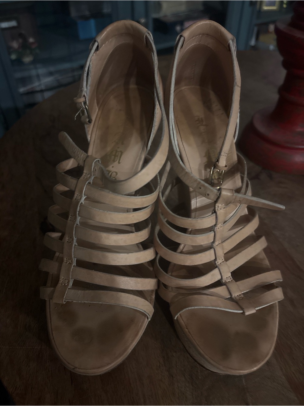 L.A.M.B. Nude Beige Multi-Strap Ankle-Wrap Heels